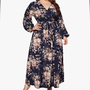 WDIRARA Women's Plus Size Floral Print V Neck Belted Bishop Long Sleeve Dress